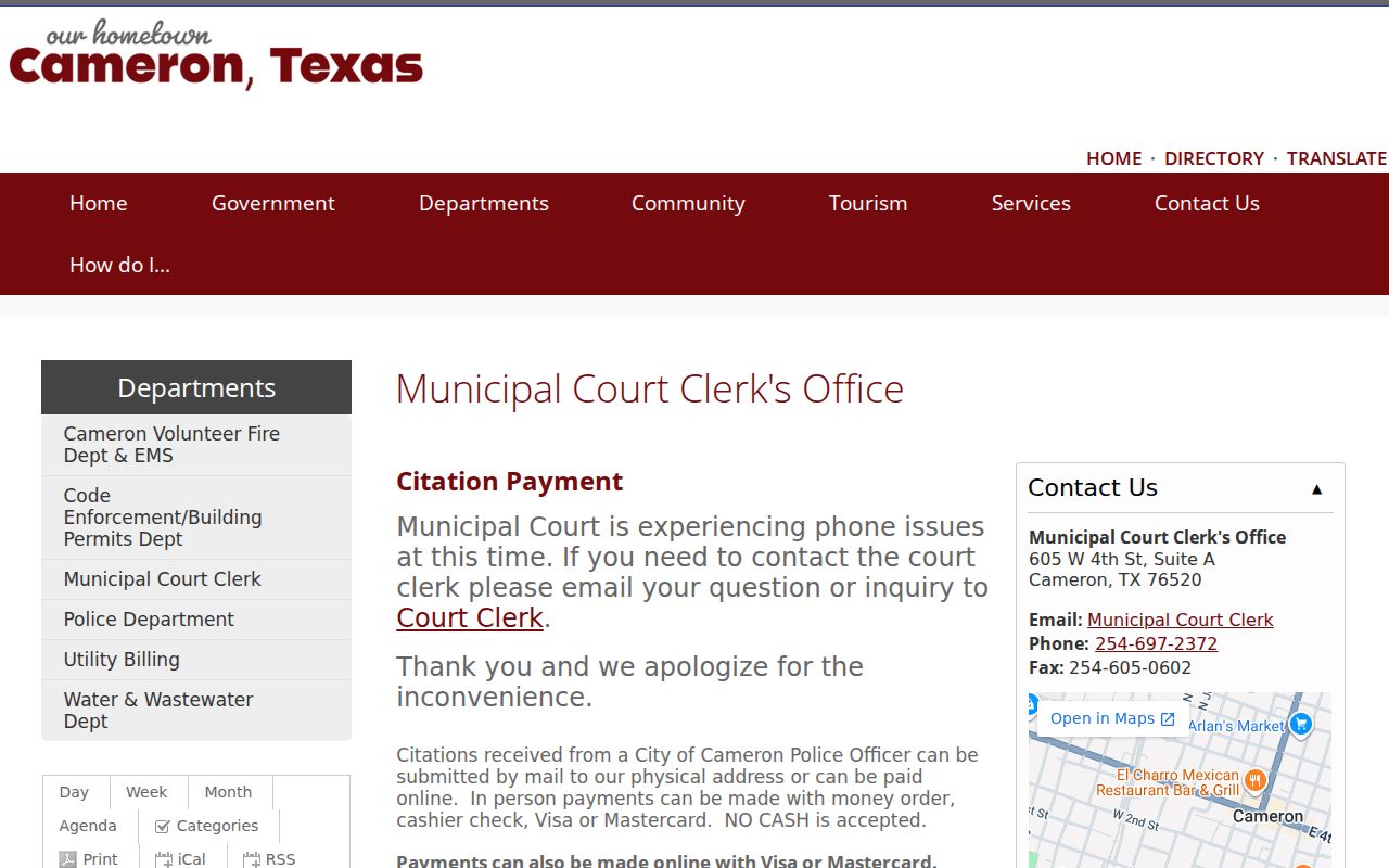 Cameron criminal record access at the Cameron Municipal Court