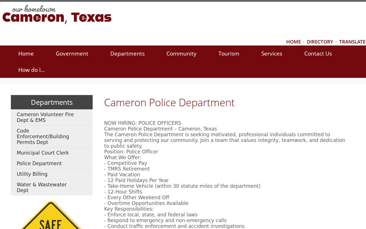 Cameron criminal records source at the Cameron Police Department