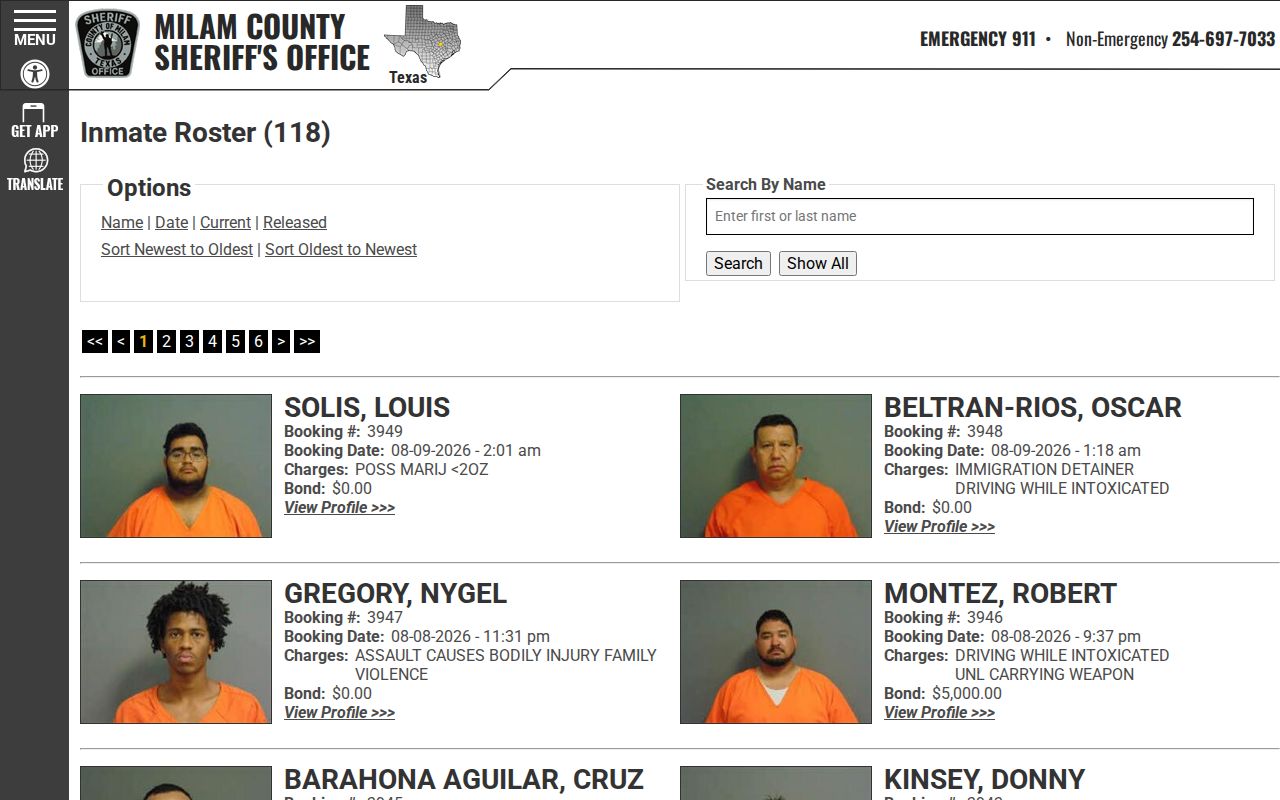 Milam County arrest search through the official current inmate roster