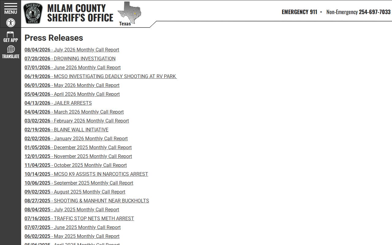 Milam County arrest and investigation releases on the official sheriff site
