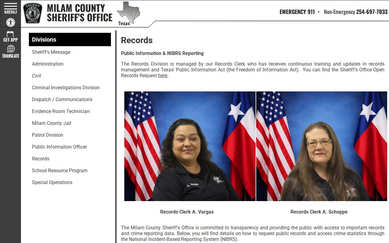 Milam County arrest record written request instructions from the sheriff
