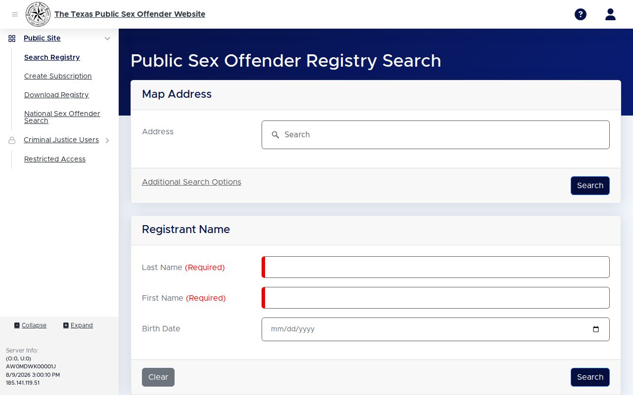 Milam County sex offender registry public profile field layout