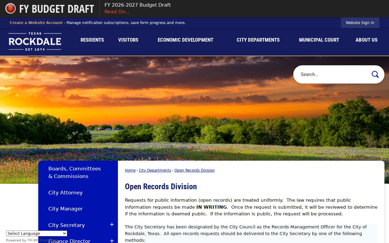 Rockdale criminal records request procedure on the official city website
