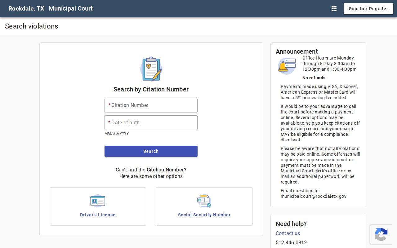 Rockdale criminal citation record search interface