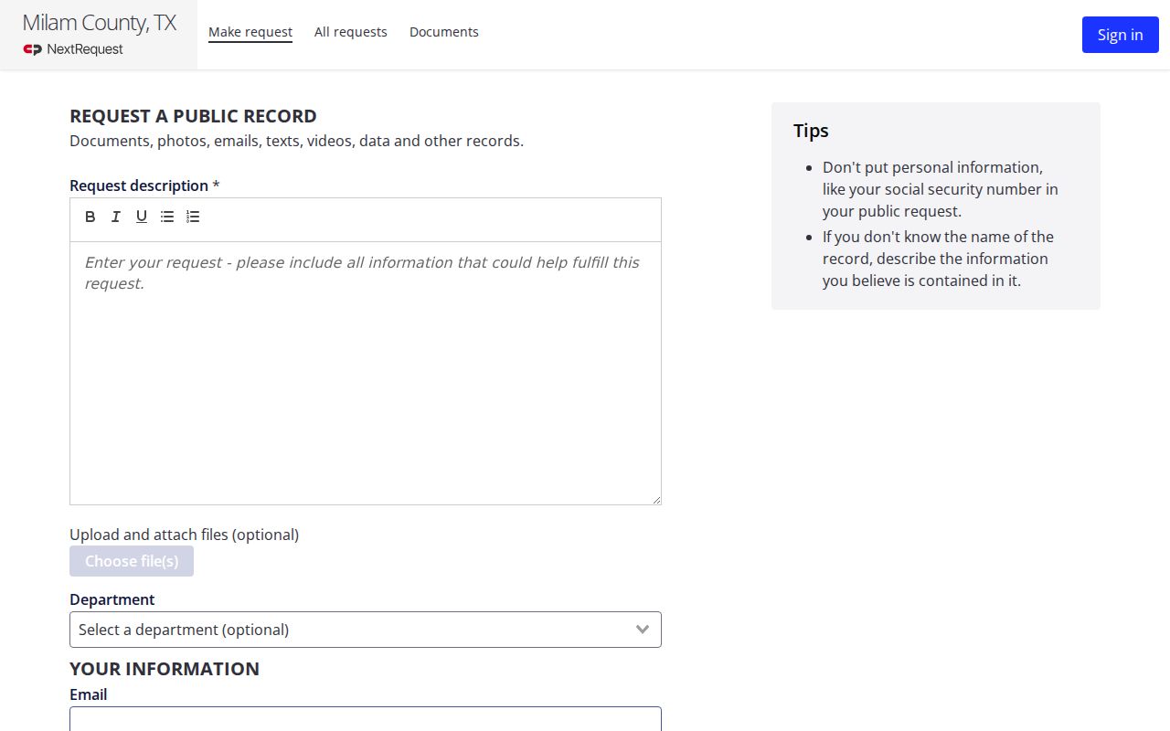 Milam County criminal records public information request portal